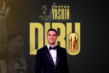 Dibu Martínez, el mejor arquero del mundo con el Trofeo Yashin