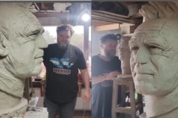 Un escultor suarense trabaja en un monumento a Ricardo Iorio