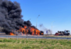 Choque frontal entre dos camiones e incendio en el cruce de las rutas 35 y 18 Choque frontal entre dos camiones e incendio en el cruce de las rutas 35 y 18